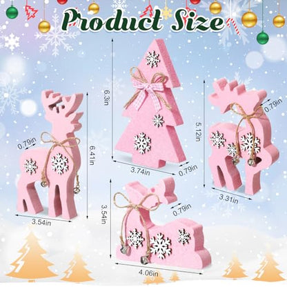 Pink Christmas Reindeer & Tree Wooden Tabletop Decorations - Set of 4