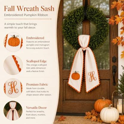 Fall Wreath Sash for Front Door with Embroidered Pumpkin Ribbon - H Variation