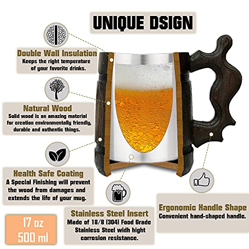 Handmade Wooden Beer Mug 17oz with Stainless Steel Insert – Gift for Him