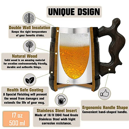 Handmade Wooden Beer Mug 17oz with Stainless Steel Insert – Gift for Him