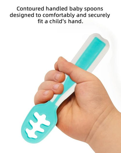 Baby Spoons, Silicone Pre-Spoons for Kids Aged 6+ Months - First and Second Stage Feed, Baby Led Weaning, Teething, Infant Feeding - Toddler Utensils - Set of 2 Spoons, Teal/White
