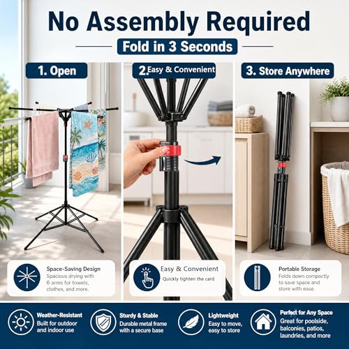 Outdoor Pool Towel Rack with 6 Foldable Arms & Adjustable Height 51-71 Inch