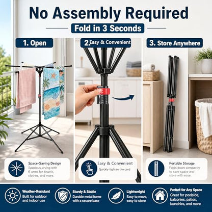 Outdoor Pool Towel Rack with 6 Foldable Arms & Adjustable Height 51-71 Inch