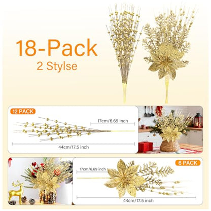 Christmas Glitter Berry Stem Set - Gold 2 Styles, 17.5 Inch Holiday Decor
