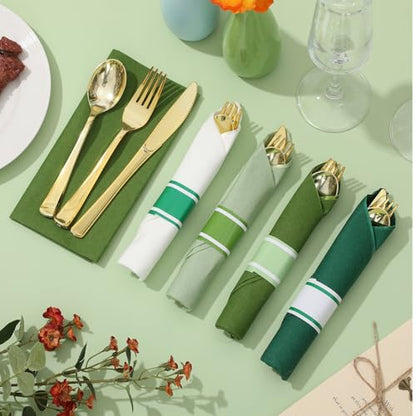 Pre-Rolled Gold Cutlery Set with Green Napkins for 50 Guests - Disposable Party Tableware