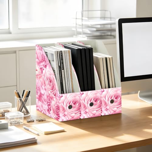 Pack of 3 Pink Rose Peony Magazine File Holders Water-Resistant PP Office Organizer