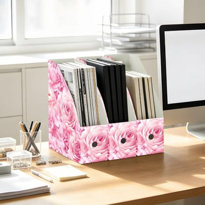 Pack of 3 Pink Rose Peony Magazine File Holders Water-Resistant PP Office Organizer
