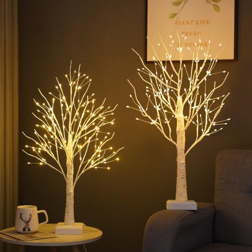 144 LED Birch Tree Lights with Remote Control & Timer - White-Warm White, 24 Inch