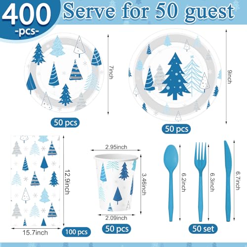 Pickmesh 400 Pcs Blue Silver Christmas Party Plates Cups Napkins Cutlery Set for 50 Guests