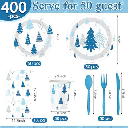 Pickmesh 400 Pcs Blue Silver Christmas Party Plates Cups Napkins Cutlery Set for 50 Guests