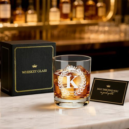 Personalized Whiskey Glass for Men - Monogrammed A–Z 10 oz Old Fashioned Rocks Glass with Gift Box - Variation K