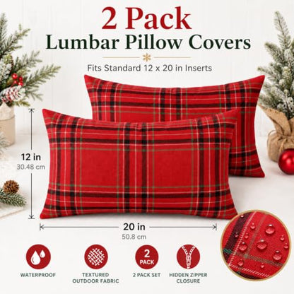 Irenare Waterproof Outdoor Pillow Cover Set - 20 x 12 Inch Christmas Plaid Lumbar Pillow Cases, Pack of 2