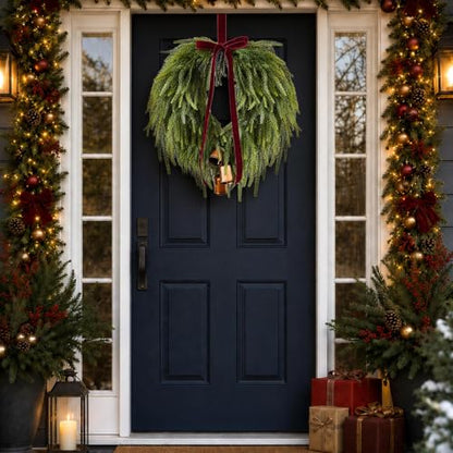 24 Inch Christmas Wreath with Burgundy Bow Bells for Front Door - Red