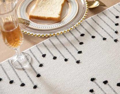 Black Beige Cotton Linen Rustic Boho Table Runner 13x108 Inches - Caflife