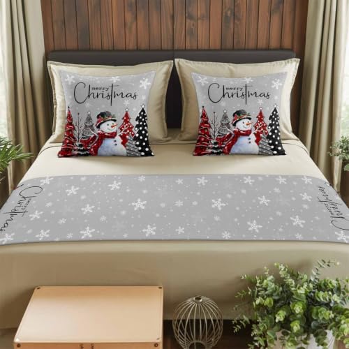 Queen Size Christmas Bed Runner with Pillow Covers - Gray Green Snowman & Pine Tree Pattern, 83x20 Inches - Holiday Decor