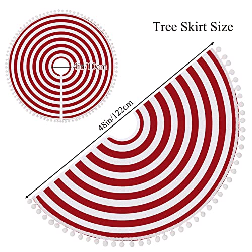 Christmas Tree Skirt 48 Inch Red White Rings with Pom Pom Trim - Holiday Decor