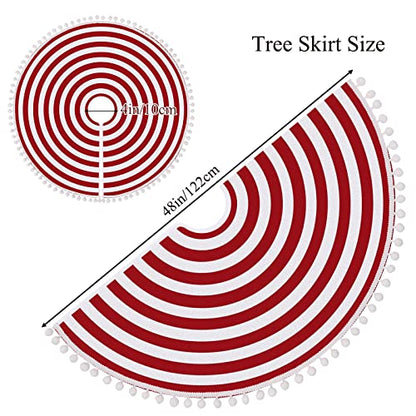 Christmas Tree Skirt 48 Inch Red White Rings with Pom Pom Trim - Holiday Decor