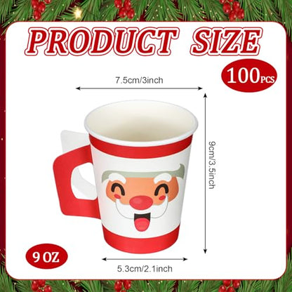 Santa Christmas Paper Coffee Cups with Handles - 100 Pcs