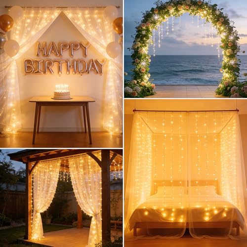 300 LED Fairy Curtain Lights with Remote & Timer - Warm White, 9.8ft x 9.8ft, Dimmable, USB Powered for Indoor & Outdoor Decor