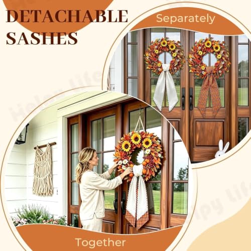 Orange White Layered Wreath Sash Set for Front Door - Gingham & Ric Rac Style - 2 Pieces