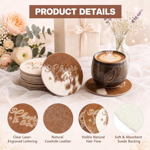 Natural Leather Cowhide Coasters Wedding Favors Set with Organza Bags & Thank You Cards