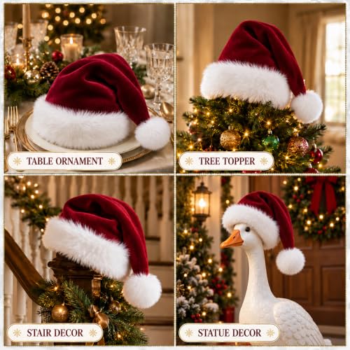 Unisex Velvet Christmas Santa Hat - Extra Thick Red Holiday Hat
