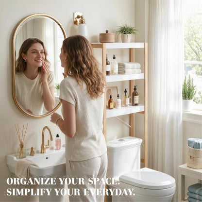 Over Toilet Storage Shelf with Bamboo Frame - 3 Tiers White Bathroom Organizer