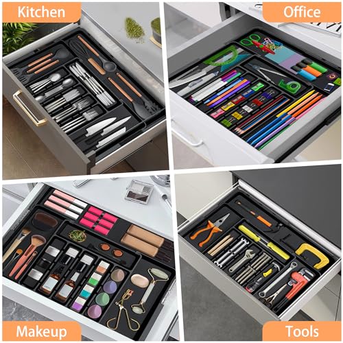 Spaclear Silverware Organizer Expandable Kitchen Utensil Drawer Organizer with 9 Compartment Large Cutlery Organizer Tray for Forks Knives Plastic Black 13" - 22" W,14.5" - 19" L