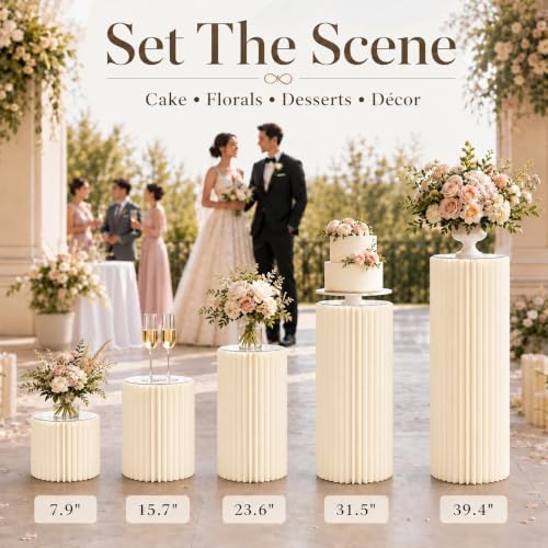 Foldable White Cylinder Pedestal Stands with Acrylic Plates - 5 Pack, Multi-Height, 11.8 Inch Cake Display for Parties - Variation of 5PCS-7.8/15.7/23.6/31.5