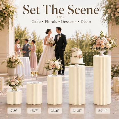 Foldable White Cylinder Pedestal Stands with Acrylic Plates - 5 Pack, Multi-Height, 11.8 Inch Cake Display for Parties - Variation of 5PCS-7.8/15.7/23.6/31.5
