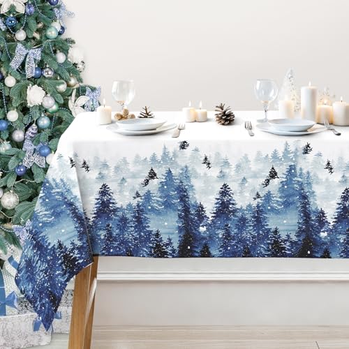 Waterproof Christmas Tablecloth 60x104 Inch Winter Forest Decor Blue