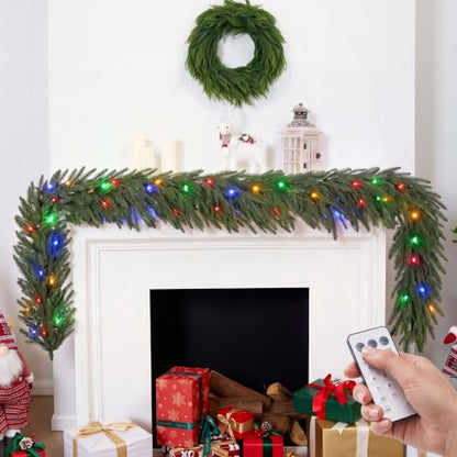 9 FT Christmas Norfolk Pine Garland with Multi Color LED Lights, Remote & Timer