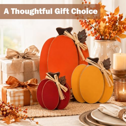 Wooden Pumpkin Fall Decor Set - 3 Rustic Indoor Pumpkins Rich Red Orange Yellow