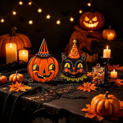 Halloween Wooden Signs Set - Black Cat & Pumpkin Indoor Decor - Variation A