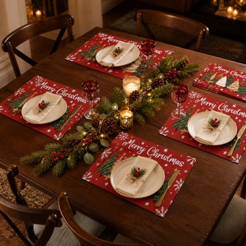 Christmas Placemats Set of 6, 15.5x10 Inch Washable Holiday Table Decor