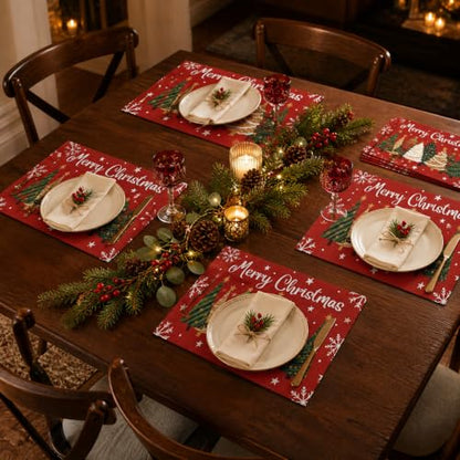 Christmas Placemats Set of 6, 15.5x10 Inch Washable Holiday Table Decor