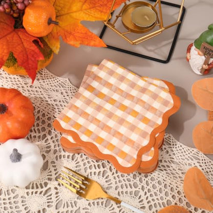 Fall Cocktail Napkins 50 Pack - Orange Brown Plaid Scalloped Edges