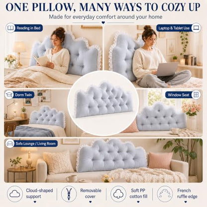 Twin Bed Headboard Pillow with French Lace Cloud Design - Cream White