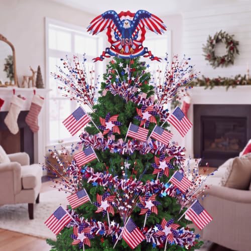 Patriotic Christmas Decorations Set with Eagle Tree Topper and American Flag Pinwheels