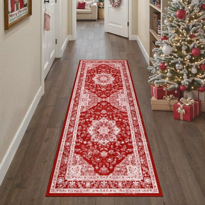 PureCozy Christmas Red 2x5 Low Pile Runner Rug - Vintage Oriental Style, Xmas L Variation