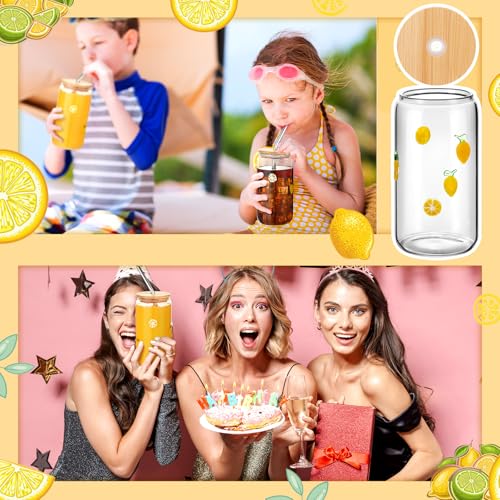 Lemon Icon Glass Tumblers Set with Lids & Straws - 4 Pack, 17 oz