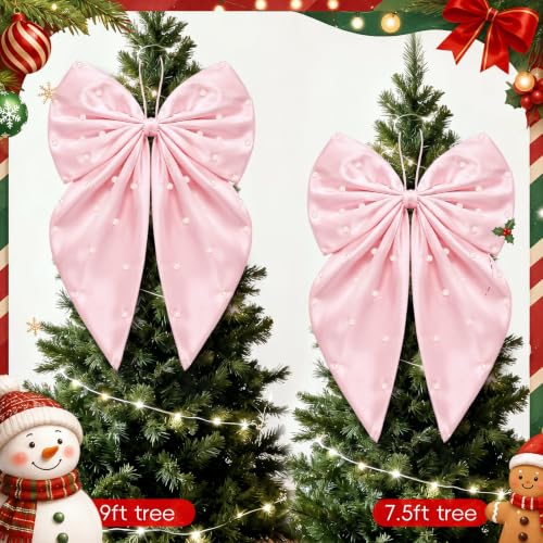 Pink Pearl Bow Christmas Tree Topper - 22 x 12 Inch Satin Holiday Decor