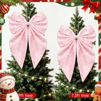 Pink Pearl Bow Christmas Tree Topper - 22 x 12 Inch Satin Holiday Decor