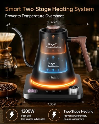 Gooseneck Electric Kettle with Temperature Control 0.9L Black Wood - Precise Heating