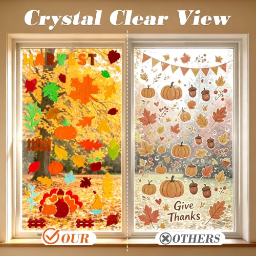 Thanksgiving Gel Window Clings Set - 4 Fall Holiday Decals - Reusable & Removable