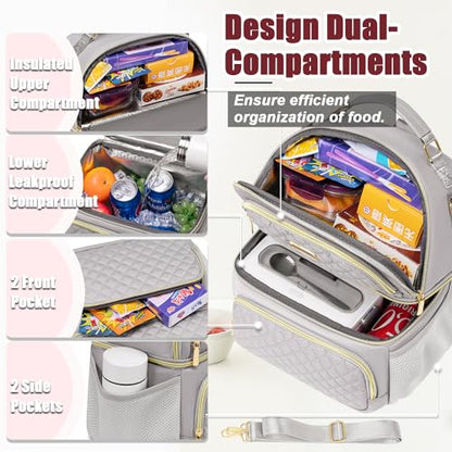 Weitars Lunch Bag for Women,Dual Compartment Lunch Box for Women Lunch Tote for Work,Insulated Leakproof Lunch Cooler Bag with Side Pockets and Adjustable Strap for Hiking,Picnic,Beach