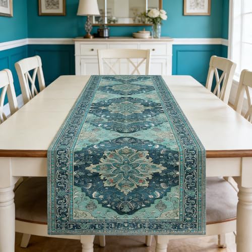 Teal and Blue Boho Floral Summer Table Runner 13x90 Inches for Home & Party Decor
