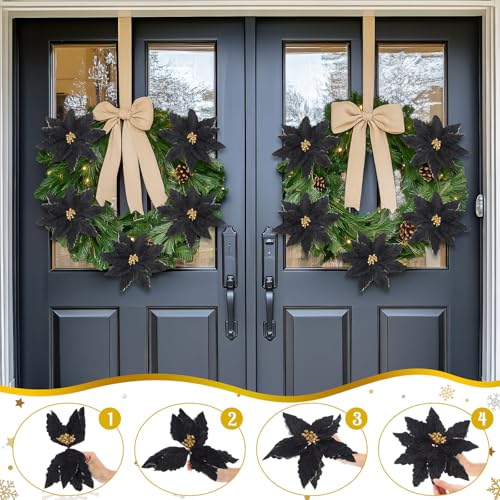 Black Poinsettia Christmas Ornaments with Clips - 16 Large Holiday Flowers