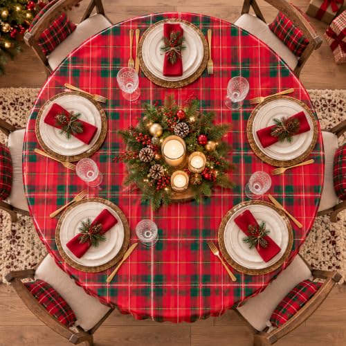 6 Pack Christmas Checkered Plaid Disposable Round Tablecloths - 84 Inches, Dark Red & Green