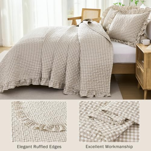 WINLIFE Tan Brown Gingham Twin Quilt Set with Ruffles - 68x90 Inches